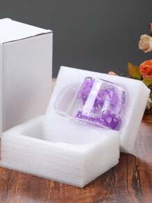 1pc Double Layer Borosilicate Glass Square Handle Mug With Real Flowers For Breakfast, Milk, Coffee Or Latte - Purple - View 4