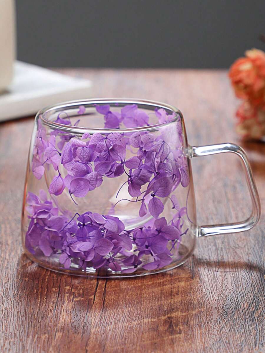 1pc Double Layer Borosilicate Glass Square Handle Mug With Real Flowers For Breakfast, Milk, Coffee Or Latte - Purple - View 1