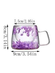 1pc Double Layer Borosilicate Glass Square Handle Mug With Real Flowers For Breakfast, Milk, Coffee Or Latte - Purple - View 5