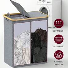 1 pièce Panier à linge à double couche avec couvercle, panier à linge grande capacité, comprend 2 sacs à linge amovibles, pliable, convient pour la buanderie, la salle de bain, le dortoir, rangement pratique à la maison, fournitures scolaires, décoration, organisation du rangement, peut contenir pantalons, chaussures, jeans, bottes, jupes et autres vêtements - Gris - Voir 3