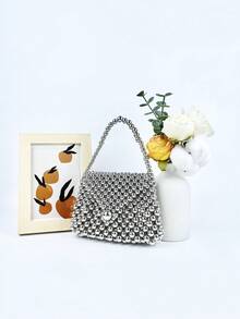 Mini torebka ze sztucznych pereł, ręcznie robiona torebka z koralikami - Srebro - Zobacz 8