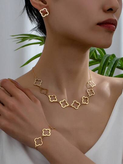 Set de 4 piezas: 1 pieza Collar de flor hueca, 1 pieza Pulsera de flor hueca, 1 pieza de Aretes de flor, Conjunto de joyas vintage elegante para mujeres