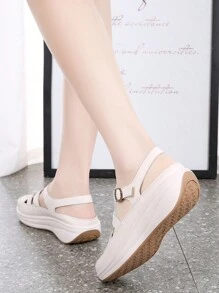 Women Closed Toe Thick Bottom Platform Sandals Summer Fashionable Color Block Maternal Shoes With Tie - Beige - View 5