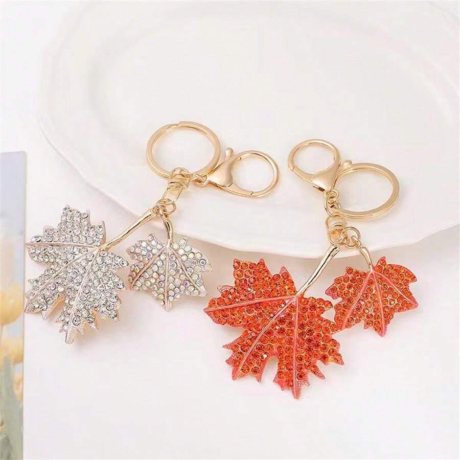 One Women Multicolor Rhinestone Inlaid Leaf Pendant Metallic Maple Leaf Keychain Wholesale Fashion Backpack Accessory For Daily Use - Multicolor - View 1