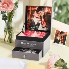 1 Stück Maßgeschneiderte Schmuck Box, Personalisierte Aufbewahrungsbox Für Schmuck Mit Foto Und Text, Geschenkbox Gefüllt Mit Rosen, Personalisierter Schmuck Reisekoffer, Romantisches Valentinstag, Geburtstags, Jahrestags Geschenk Für Frauen, Ehefrau, Freundin - Grau