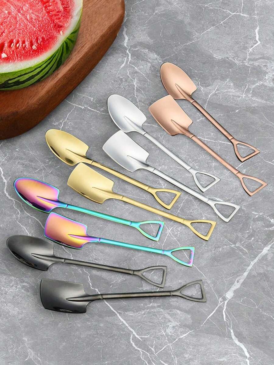 4件/10件创意不锈钢甜点勺套装，铲形勺，冰淇淋勺，咖啡勺，适用于家庭厨房和餐厅，厨房，圣诞礼物，学校用品 - 銀色 - 查看 1