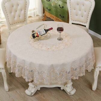 1 st rund linnebroderi spetsduk, utsökt blomma broderad bordsmatta, bohemisk stil soffbord frukostbordsdekoration, för bröllop, bankett, fest, jul, påsk, semesterbordsöverdrag bordsskiva.