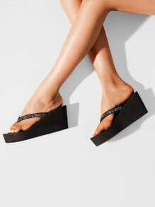 Women'S Platform Flip Flop Rhinestones Arch Support Comfortable Soft Cushion Wedge Flip Flops Summer Thong Sandals - màu đen - Xem 7