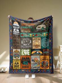 1pc - Flannel Outdoor Camping Style Blanket, Modern Polyester Fiber Rectangular Blanket Suitable For Multi-Scenarios