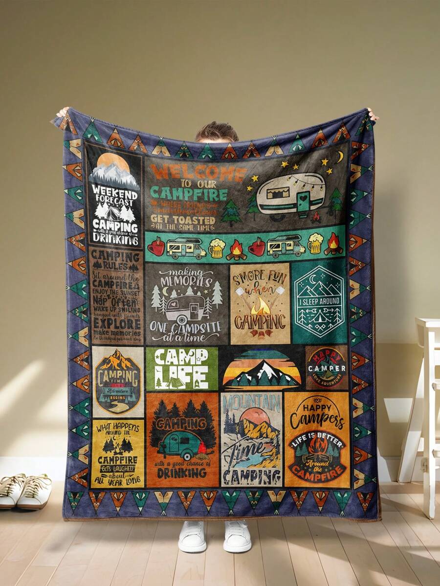 1pc - Flannel Outdoor Camping Style Blanket, Modern Polyester Fiber Rectangular Blanket Suitable For Multi-Scenarios