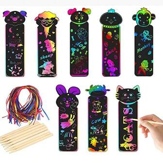6/12 st/set Djurformade bokmärken Scratch Paper DIY Magic Scratch Art Barn Målarbok Kreativa kort Pedagogiska leksaker med verktyg,Konst och hantverk Barn,Barnhantverk,Bokmärke Barn