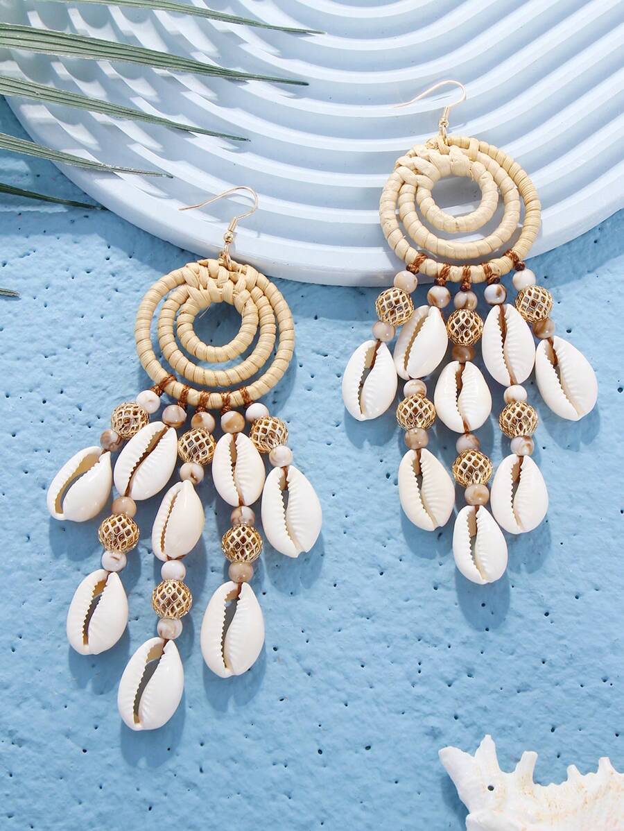 波西米亚度假空心串珠藤条吊坠耳环