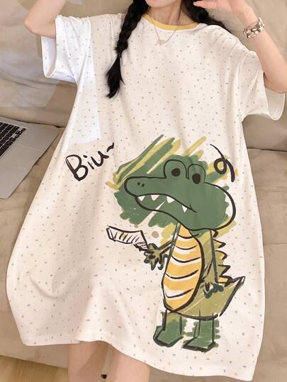 Women Crocodile Polka Dot Print Nightgown - Round Neck, Summer, Polyester, Fitted & Comfortable Sleepwear & Loungewear, Moo Moo Sleep Dress