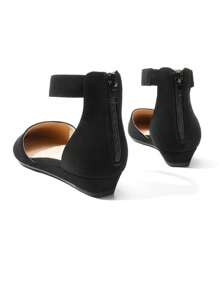 Women's Closed Pointed Toe Low Wedge Ankle Strap Casual Comfortable Ballet Flats With Back Zipper Design Party Wedding Shoes Black Nubuck - 黑色 - 查看 8