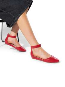 Women's Closed Pointed Toe Low Wedge Ankle Strap Casual Comfortable Ballet Flats With Back Zipper Design Party Wedding Shoes - 熱烈紅色 - 查看 2