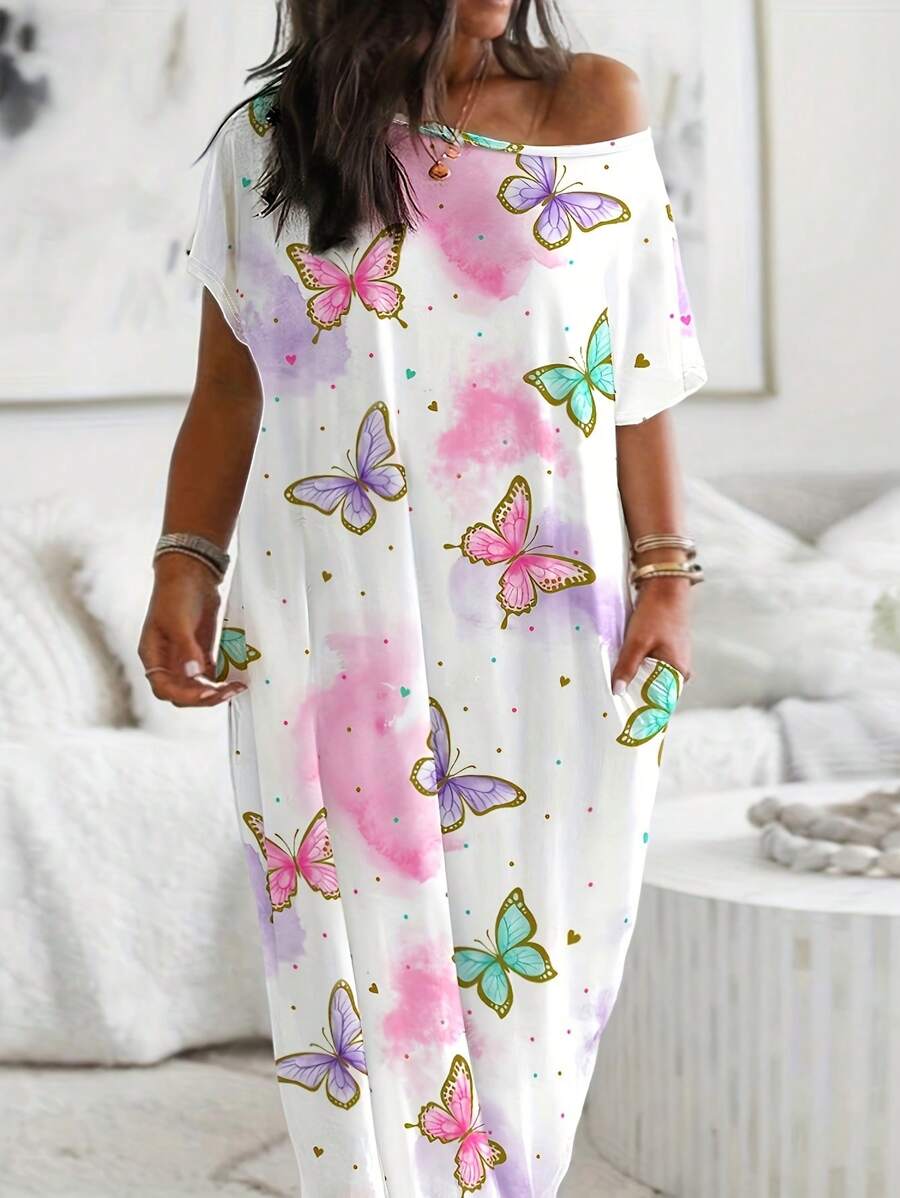 1 件休闲宽松蝴蝶和心形印花吊带裙睡袍女士家居服长裙 - 彩色 - 查看 1