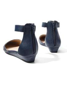 Women's Closed Pointed Toe Low Wedge Ankle Strap Casual Comfortable Ballet Flats With Back Zipper Design Party Wedding Shoes Navy - 藏蓝色 - 查看 6