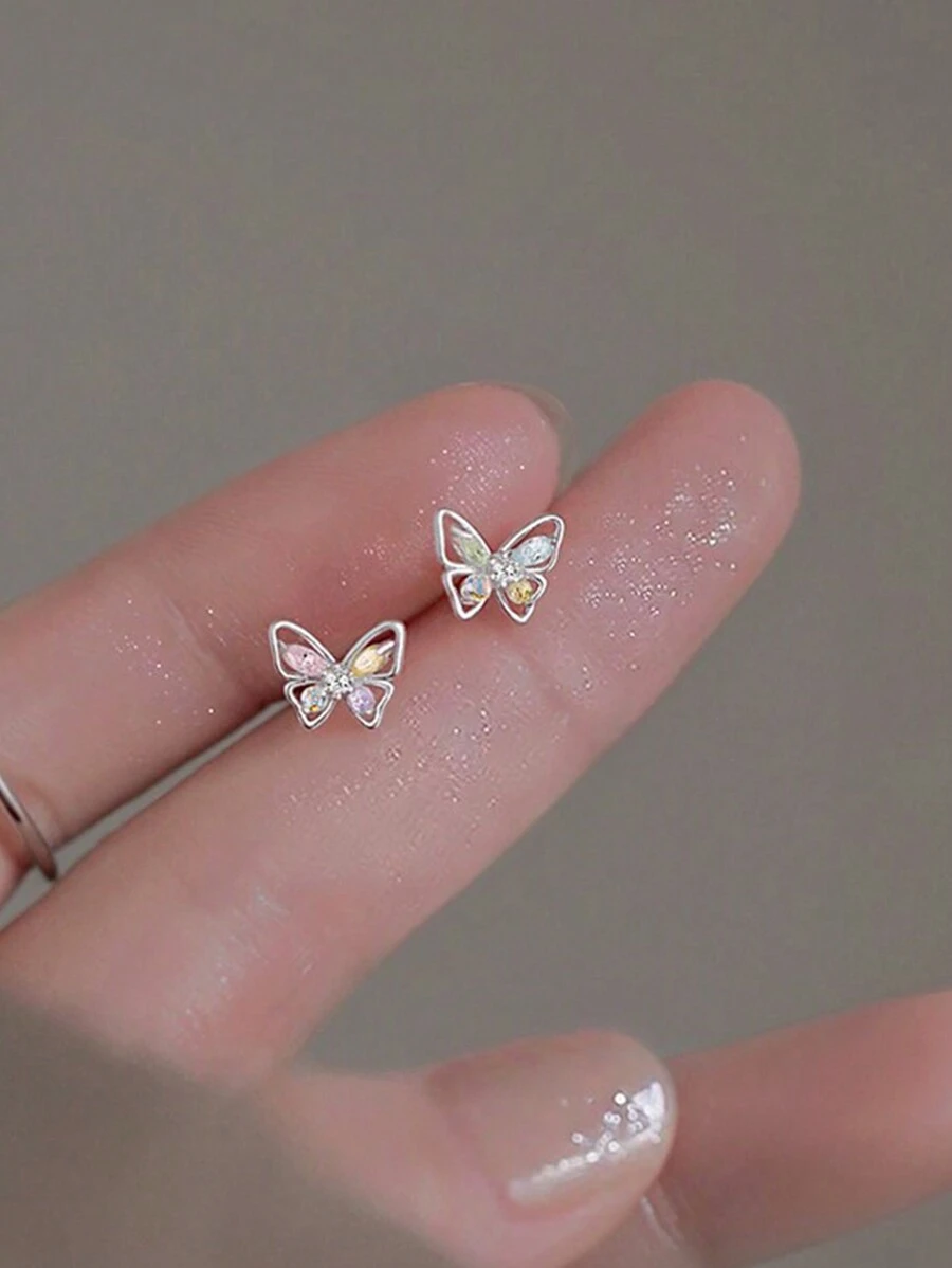 1 Pair Of Bright Butterfly Earrings For Teenage Girls, Sweet Powder Blue Small Butterfly Stud Earrings