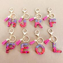 1pc New Two-Tone Mix Color Pink English Letter Keychain Pendant With Sequins, Drop Glue Tassel, Keyring And Bag Accessory - Hot Pink - View 3
