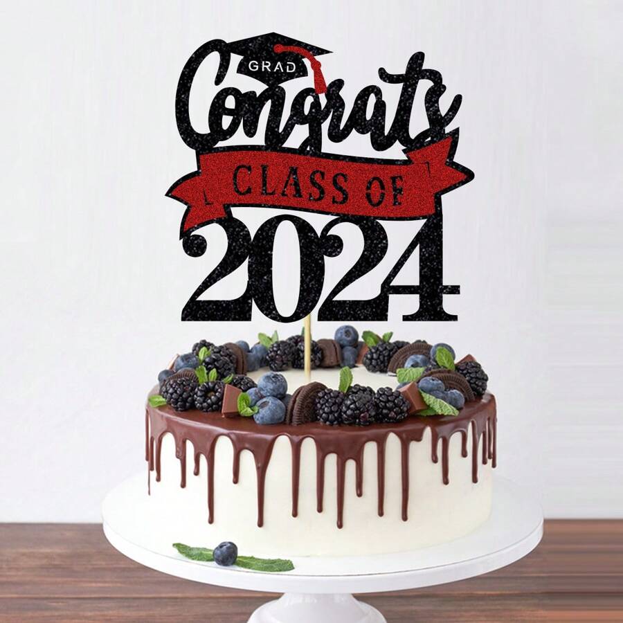 1包祝賀2024屆蛋糕裝飾，閃爍的祝賀畢業生帽2024畢業蛋糕裝飾，為2024畢業主題畢業派對提供裝飾用品，黑藍色 - 藍色 - 查看 1