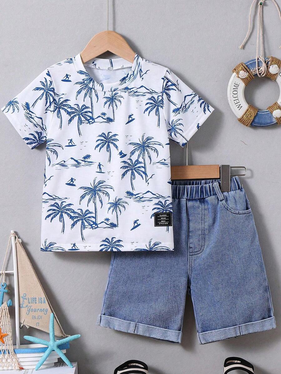 Cartoon Printed Short Sleeve T-Shirt And Denim Shorts For Tween Boys - White - View 1