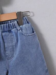 Cartoon Printed Short Sleeve T-Shirt And Denim Shorts For Tween Boys - White - View 6