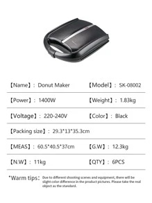 16 Donut Maker, 1400W, Capable Of Baking 16 Small Donuts At The Same Time, With A Non Stick Surface And A Diameter Of About 5CM. It Is A Multifunctional Children's Snack Machine That Can Make Mini Dessert Snacks. It Has Double-Sided Heating, Black Color, And Can Quickly And Evenly Bake In A Few Minutes. It Is Very Suitable For Family Breakfast Machines And Is Plug Type