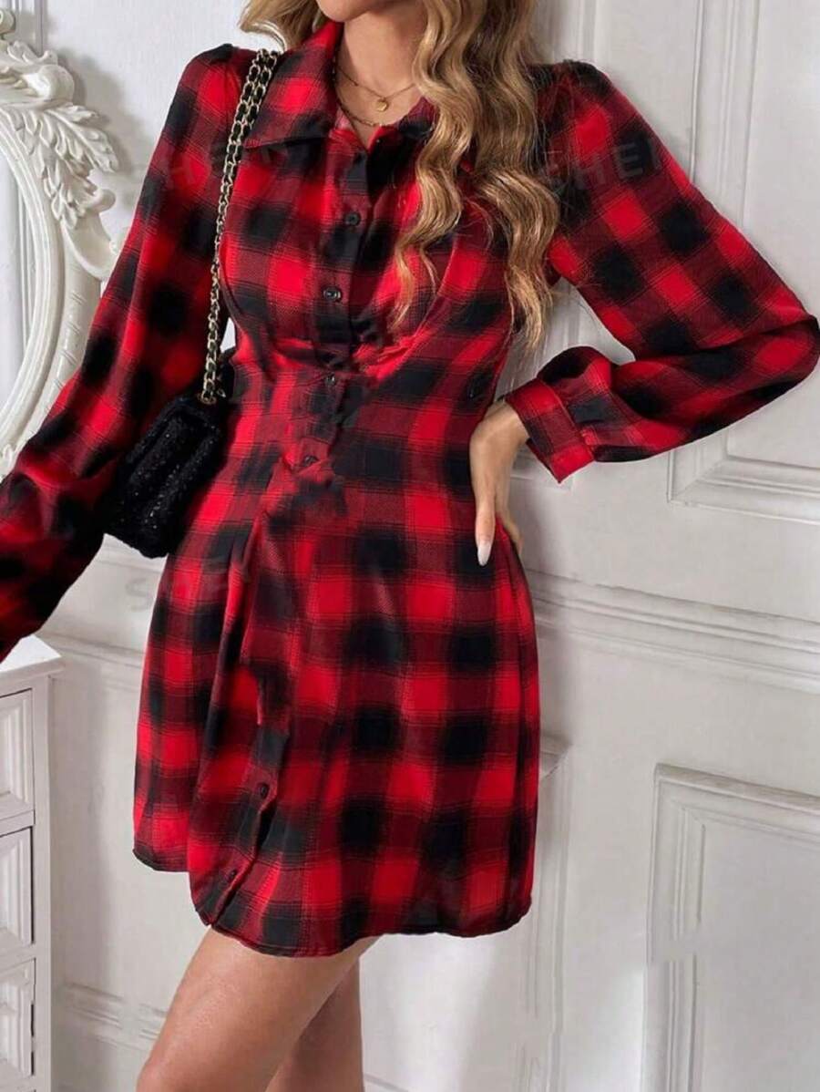 Vestido Chamise camisa Manga longa Impressão xadrez com Cinto festa junina - Vermelho - Visão 1