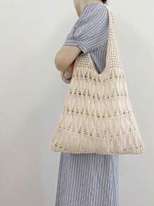 1 件大容量时尚钩针女士购物袋，大号编织袋，沙滩包，夏季度假风格，单肩包，网眼手提包，背包，厨房储物袋，女友购物袋，圣诞礼物，手提包 - 杏色 - 查看 16