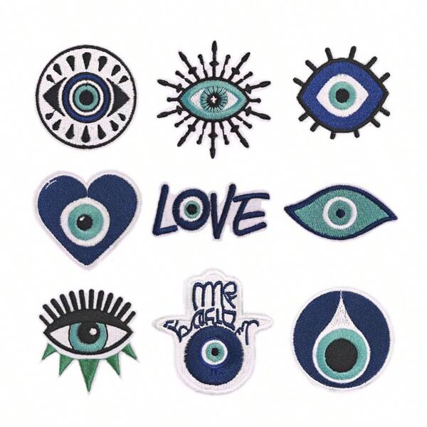 9 Pcs Devil's Eye Iron On Patches, Sew On Embroidered Applique Repair Patch DIY Crafts Projects For Clothing Jacket Jeans Pants Dress Backpack Hat Decorations Gifts