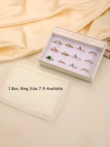 1 caja de juego de anillos de señora con diamantes de color incrustados en acero inoxidable dorado amarillo, adecuado para decoración diaria o como regalo para damas