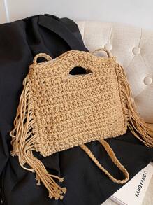 New Hollow Mesh Net Tote Hand-Woven Bag Colorful Dopamine Wallet Wrist Bag Beach Vacation Bucket Bag Casual Tote Shoulder Bag Crossbody Bag - Khaki - View 1