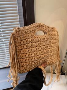 New Hollow Mesh Net Tote Hand-Woven Bag Colorful Dopamine Wallet Wrist Bag Beach Vacation Bucket Bag Casual Tote Shoulder Bag Crossbody Bag - Khaki - View 3