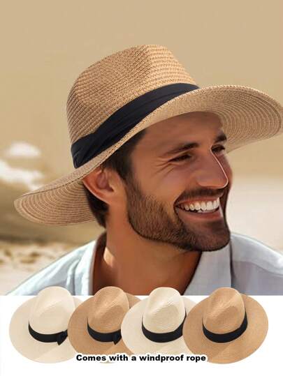 1 Herren einfacher breiter Krempe Panama Hut aus Stroh für den Sommer mit Schleife, Strandurlaubsreise Jazz Hut, Sonnenschutz Sonnenhut, Cowboyhut