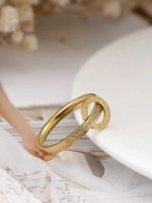 1pc Stainless Steel + 18K Gold Double Ring Roman Numerals Design Micro-Inlaid Rhinestone Titanium Steel Ring Suitable For Women - Yellow Gold - View 3