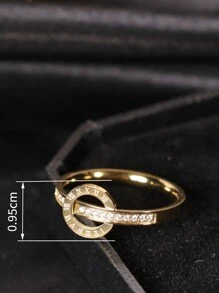 1pc Stainless Steel + 18K Gold Double Ring Roman Numerals Design Micro-Inlaid Rhinestone Titanium Steel Ring Suitable For Women - Yellow Gold - View 2