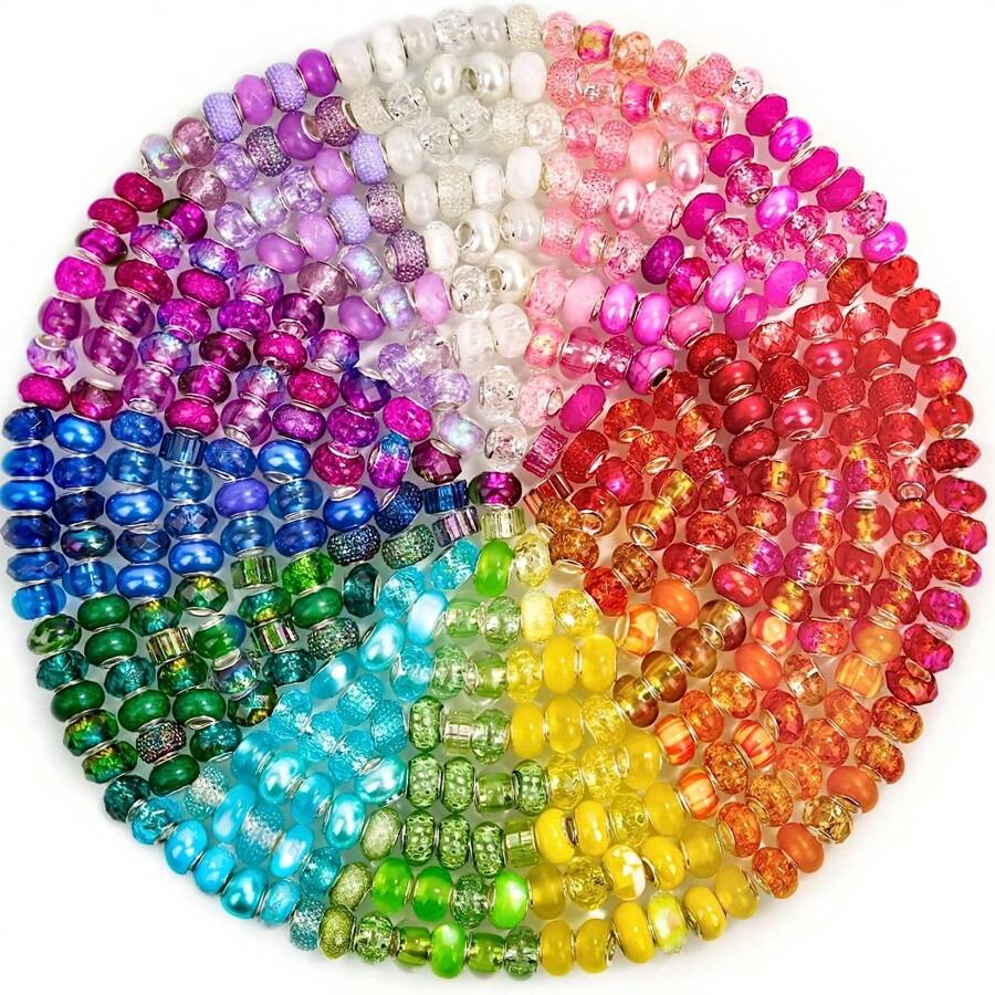 50pcs Large Hole Glass Beads For Jewelry Making, European Beads Bulk Mixed Color Spacer Beads With Rhinestones Lampwork Beads For DIY Craft Charms Bracelet Necklace Earring Making - Rose Red - View 1