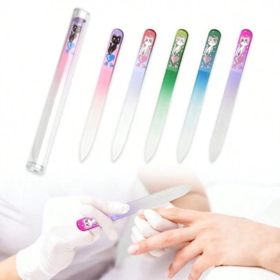 捷克玻璃指甲锉（带收纳盒） - 蚀刻水晶指甲锉，适用于天然指甲，双面不同粗细，专业美甲护理工具，带收纳盒，指甲修型器