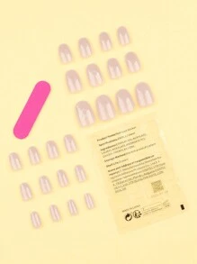 24入組優雅短方形淡粉色愛心貼片指甲，亞克力假指甲美甲套裝，包括1片粘貼帶和1個小型修甲文件，完美適合日常佩戴 - 彩色 - 查看 2