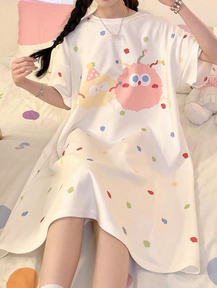 Women's Summer Sleeveless Nightgown - Cartoon Cute Style, Digital Printing, Polyester, Fitted Dropped Shoulder Pajama, Moo Moo Sleep Dress