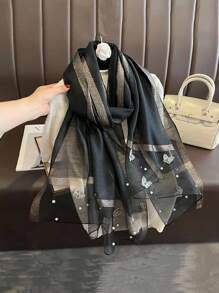 1pc Women Fashionable Butterfly Pearl Rivet Printed Scarf, Suitable For All Seasons And Occasions Such As Travel, Banquet, Vacation And Daily Wear - Nailed Butterfly Pearl Long Silk Scarf - View 20