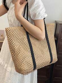 Túi Gusure Nữ Ống Hút Dệt Túi Xách Nữ Ngày Lễ Túi Đi Biển Thông Thường Shopper Túi Top-Tay Cầm Túi Đeo Vai Sát Nách Thời Trang - Màu Khaki - Xem 2