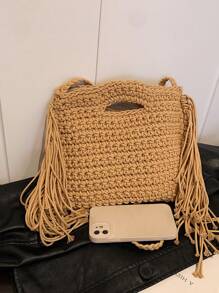 New Hollow Mesh Net Tote Hand-Woven Bag Colorful Dopamine Wallet Wrist Bag Beach Vacation Bucket Bag Casual Tote Shoulder Bag Crossbody Bag - Khaki - View 8