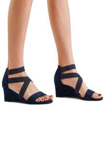 Women's Black Elastic Ankle Strap Open Toe Strappy Dress Low Wedge Sandals For Ladies - 藏蓝色 - 查看 7