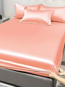 1pc Solid Color Pink Fitted Sheet, Modern Fabric Fitted Bottom Sheet For Bedroom - Pink - View 1