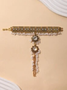 歐美時尚復古精美鑽鑲珍珠串珠流蘇手套手鏈女士款，單品 - 白色 - 查看 3