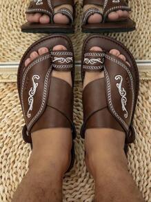 Men Flat Comfortable Slippers  Embroidery Thread Bloom Arabian Slippers Sandals - Coffee Brown - View 3