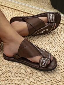Men Flat Comfortable Slippers  Embroidery Thread Bloom Arabian Slippers Sandals - Coffee Brown - View 4