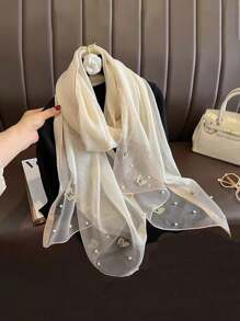 1pc Women Fashionable Butterfly Pearl Rivet Printed Scarf, Suitable For All Seasons And Occasions Such As Travel, Banquet, Vacation And Daily Wear - Nailed Butterfly Pearl Long Silk Scarf - View 13