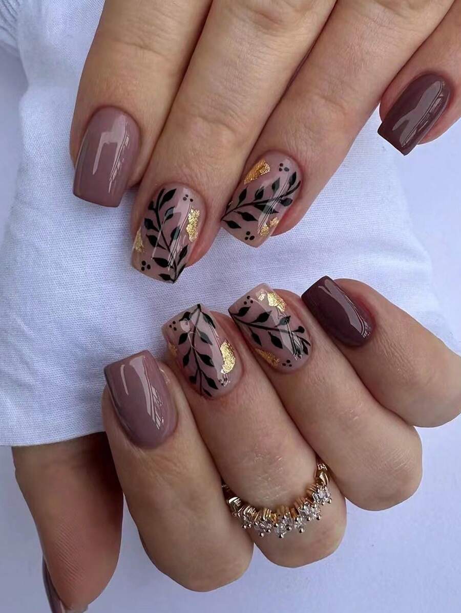 24片中号方形优雅亮面黑色金箔全覆盖假指甲，瞬间提升您的美甲造型。这款假指甲专为女性和女孩设计，包含1片果冻胶和1把指甲锉。果冻胶颜色随机发货。美甲贴片，美甲用品，指甲护理产品。 - 棕色 - 查看 1